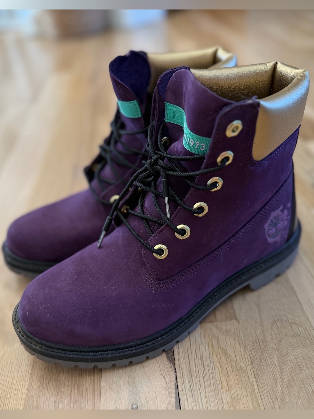 Timberland Purple and Gold Leather-Collar Work Boots